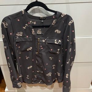 Express Charcoal Blouse with Floral and Pink Accents